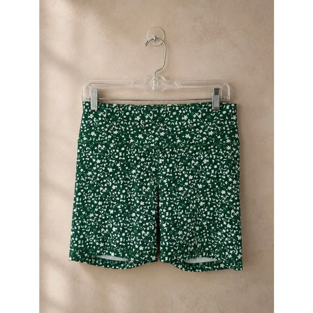Old Navy Active Sz Large Floral Bike Shorts Green High Rise PowerSoft Athletic - Picture 1 of 7